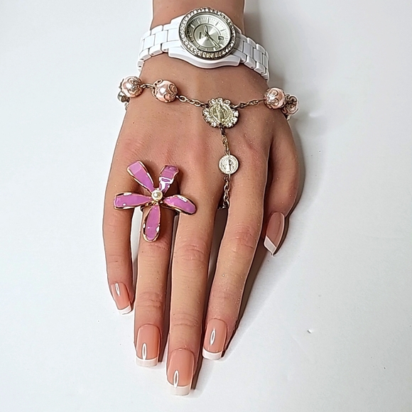 Large Flowered Custom Purple Ring W/Center Pearl & Gold Adj. Band. OS - Picture 4 of 8